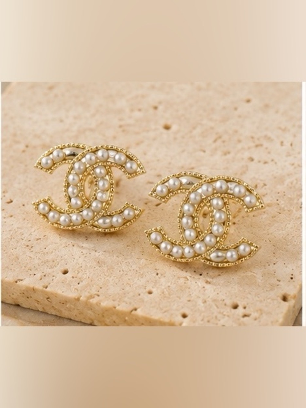Gold Tone Pearl & Crystal CC Style Stud Earrings - Picture 2 of 8